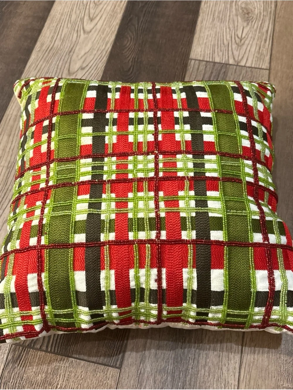 MacKenzie-Childs Red, Green & White Plaid Holiday Pillow